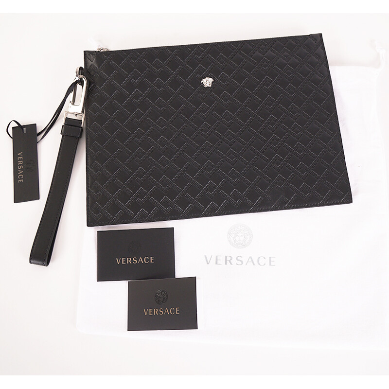 NEW $1095 VERSACE Black GREEK EMBOSSED Leather MEDUSA LOGO