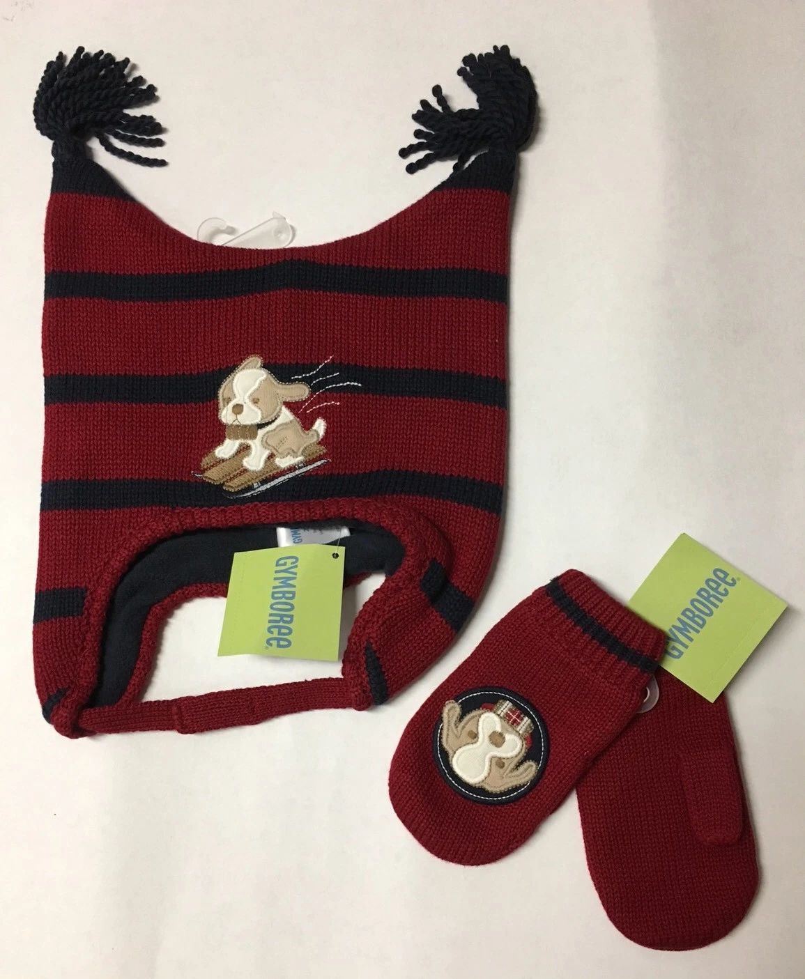 NWT Gymboree Ski Cabin 0-12 Red St Bernard Dog Mittens Fleece Lined Tassel Hat