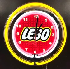 15" Lego Sign Double Neon Wall Clock Yellow Neon