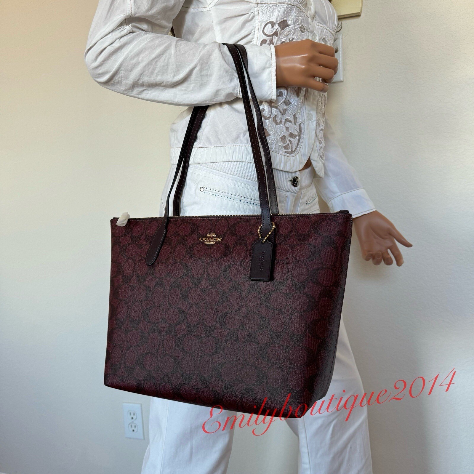 COACH 4455 Tote Bag Signature Canvas Leather Bag Handbag Burgundy 