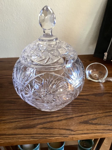 Vintage Deep Cut Glass Punch Bowl with Lid and Ladle