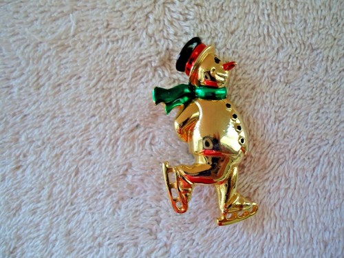 Vintage goldfarbene Schlittschuh Schneemann Brosche / Anstecknadel " SCHÖNES SAMMLERSTÜCK "