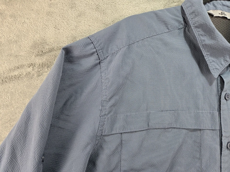 Camisa Wrangler Azul Roll-Tab Abotonada Poli Nylon Para Hombres Pesca al Aire Libre Senderismo XL Foto 3 de 4