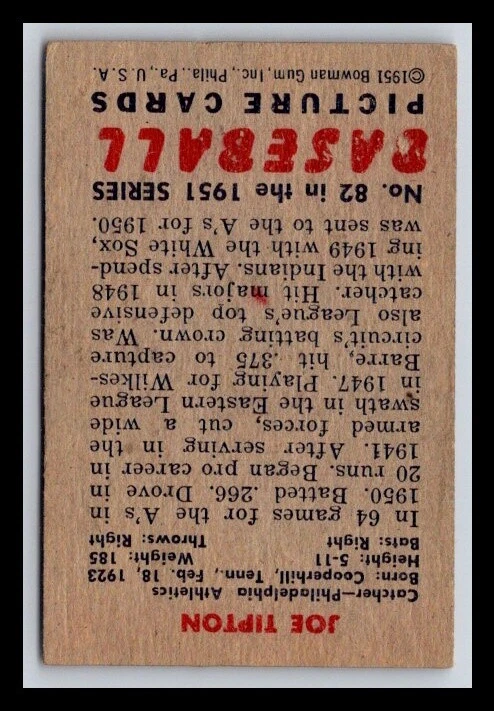 1951 Bowman #82 Joe Tipton PR-FR w/Defect(s) - Image 2 of 2