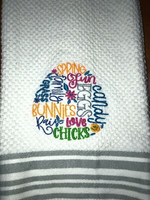 Embroidered Striped Kitchen Hand Towel Happy Easter Egg Word Block BS2741