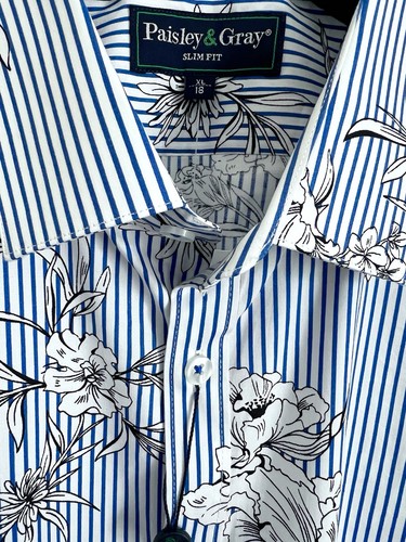 Hemd Paisley & grau Stretch Baumwolle Knopfleiste Gr. XL 18 blau Streifen geblümt