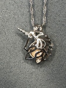 Authentic Unicorn Cage Locket Pendant Necklace Oval FW Pearl 18k White Gold Plated Jewelry