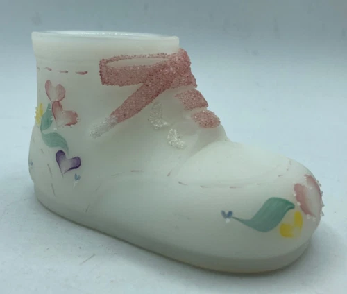 Vintage Fenton Hand Painted Satin Glass Baby Shoe Bootie Signed Pink Laces Label