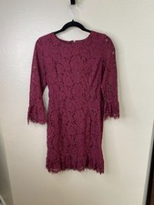 Lulus Womens Burgundy Floral Lace Mini Dress S 3/4 Sleeves Scalloped Hem Cotton