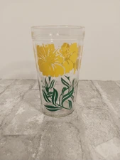 Boscul Peanut Butter Jelly Jar Drink Glass Yellow Hibiscus Flowers 1950s MCM 