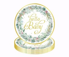 BABY SHOWER DECOR Hello Baby 96 Pc. Set Gender Neutral Sage Floral Design NEW