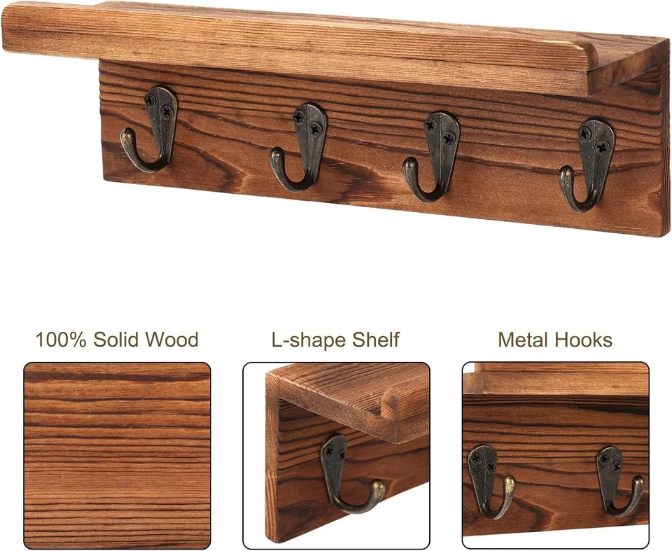 Rustic Key Holder for Wall, Farmhouse Wall Shelf with 4 Hooks, Wall Mounted Key - Image 4 of 4