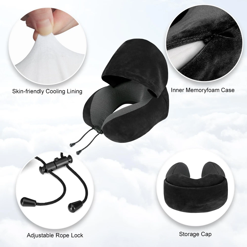 Neck Pillow with Hood for Travel Airplane Medium Black