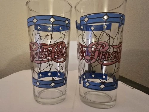 2Vintage 1970s Pepsi-Cola Stained Glass Tumbler  Tiffany Style - Single Dot Logo