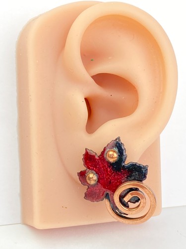 MATISSE SET Vintage Copper Red Enamel Leaf Pin Brooch Clip Earrings - Picture 15 of 16