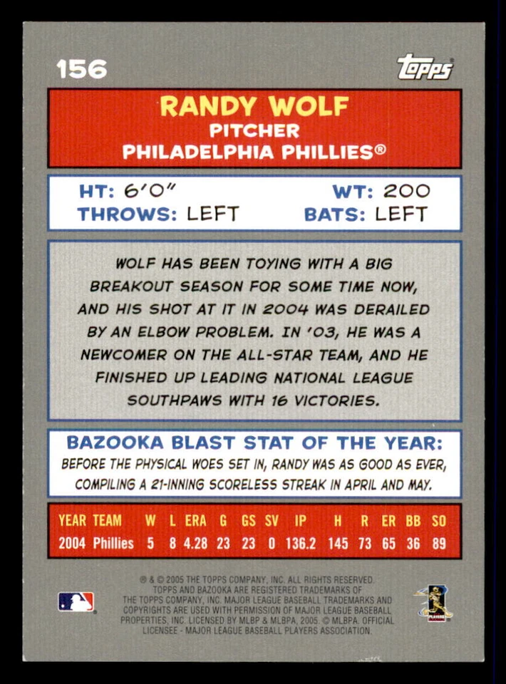 2005 Bazooka #156 Randy Wolf Philadelphia Phillies - Image 2 of 2