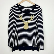 Crown & Ivy Curvy Womens Plus Size 1XL Blue Stripe Reindeer Sweater Holiday