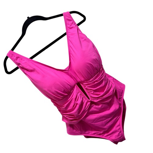 Bleu by Rod Beattie Plus Size 18W Pink Bling Ruched One-Piece Swimsuit NWT - Picture 4 of 10
