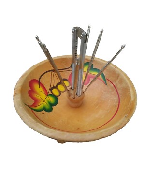 Vtg Painted Acorn Leaf Footed Nut Bowl With Nut Cracker And 6 Nut Picks  9''Wx3''H