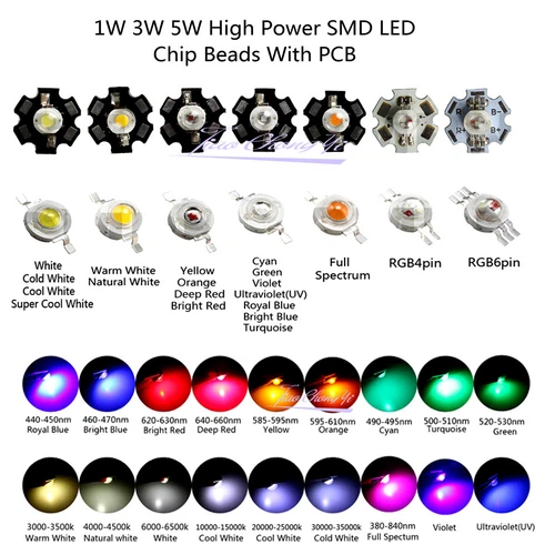 100pcs 1W  3W 5W  High Power LED Chip Warm White UV Red Blue Green RGB With PCB
