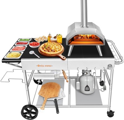 Pizza Oven Table with Pizza Topping Station,Movable Pizza Oven Stand