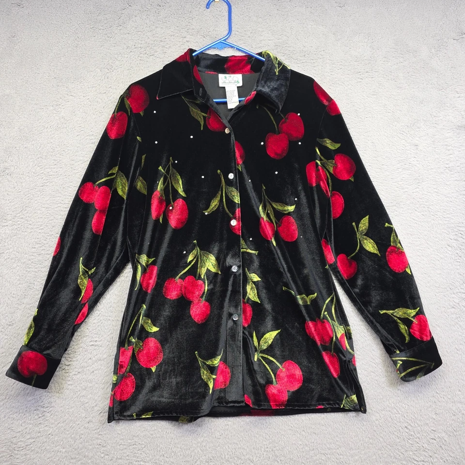 Quacker Factory Jacket Womens M Black Velvet Plush Cherry Embellished Blazer - Image 3 of 4