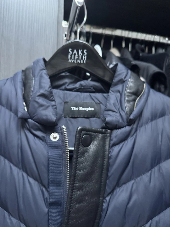 THE KOOPLES Mens Down Quilted Puffer Jacket Coat Leather Trim Navy Small - Image 2 of 4