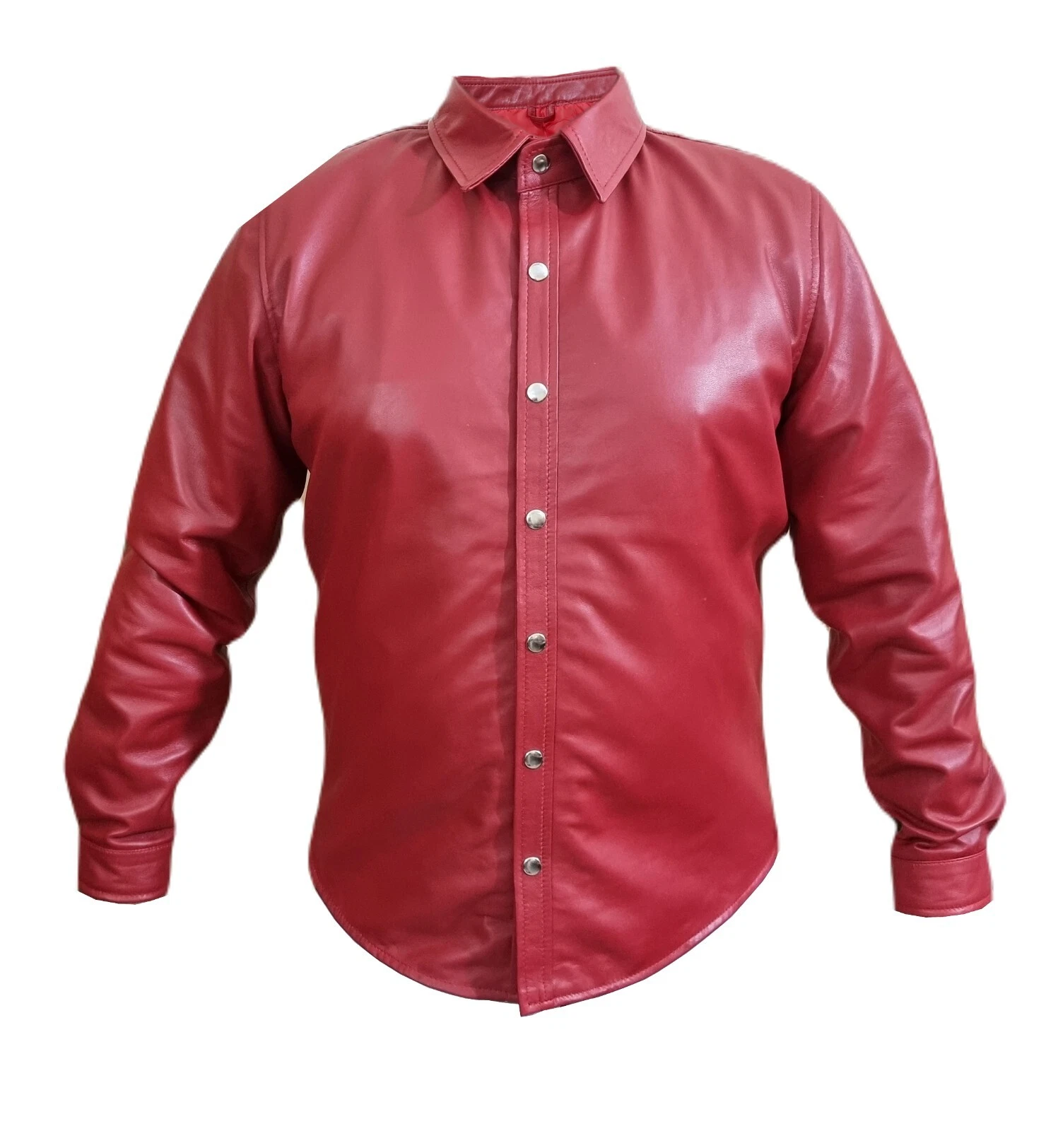 Mens Full Sleeve Shirt Button Up Shirt Very Hot Real Sheep Soft Red Leather BLUF