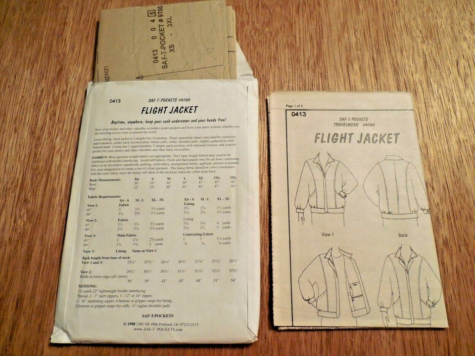 NEW Flight Jacket Pattern 9700 Misses' sz XS-3XL Saf-T-Pockets ...