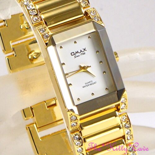 OMAX Seiko Movt Gold PL Bevelled Mineral Dress Watch w/ Swarovski Crystal JES612 - Picture 1 of 12