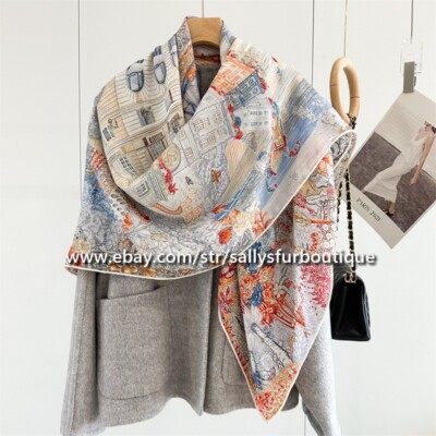 Sallys 70% Cashmere & 30% Silk Rainbow House Print Double Face Scarf Shawl 53''