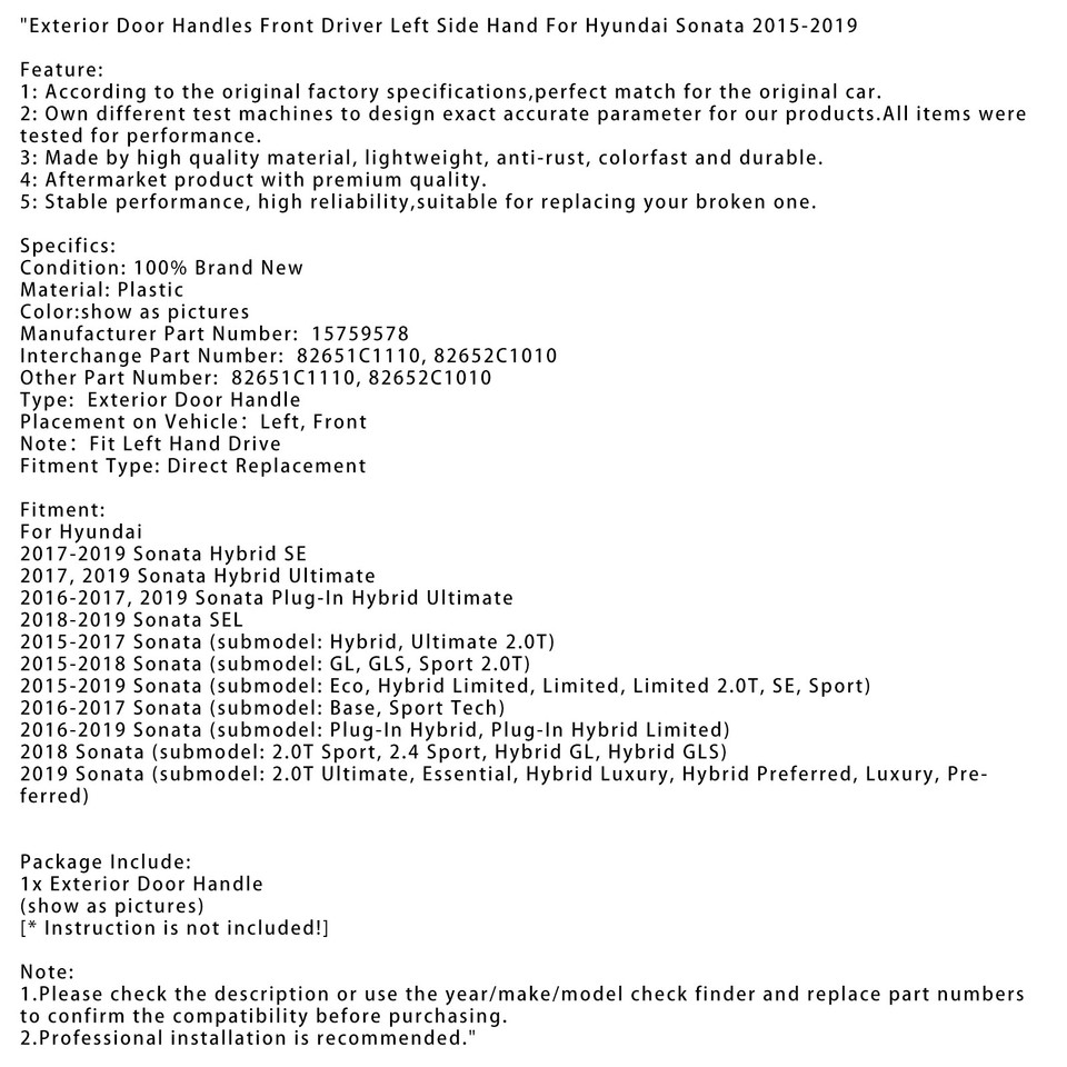 Exterior Door Handles Front Driver Left Side Hand For Hyundai Sonata
