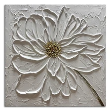 Hand Paintings 3D Floral Canvas Wall Art 24x24 Inches Abstract White Flower P...