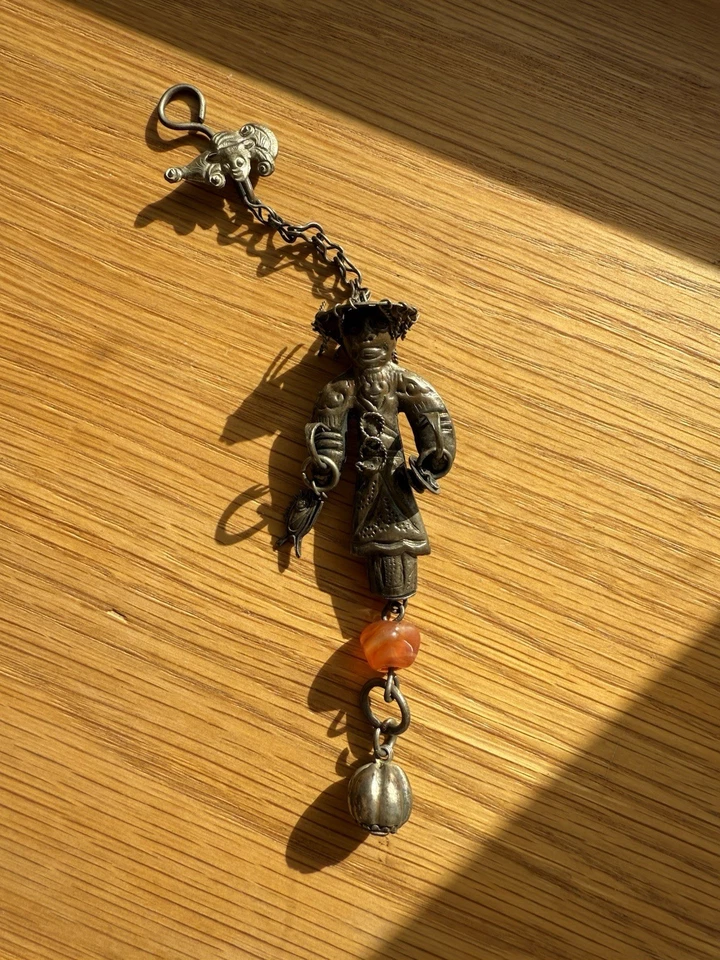 Antique Chinese Export Silver Chatelaine Man Fisherman Needle Case Charm Qing - Image 2 of 4