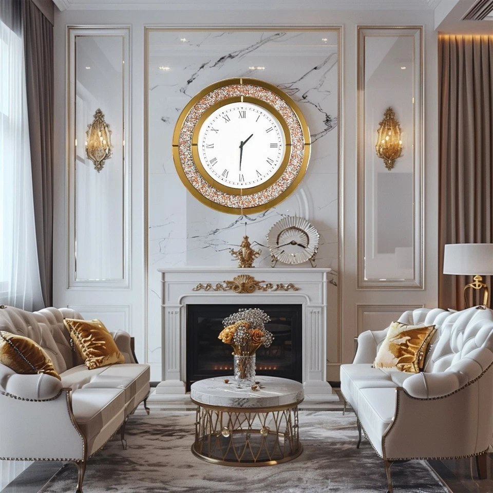 Reloj de pared grande con espejo redondo de 24/32 pulgadas cristal brillante aplastar diamantes Foto 4 de 4