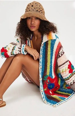 Free People Terry Towel Cardigan Chunky Floral Applique Buttons Oversized XS NWT