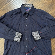 Robert Graham Shirt Mens Large Geometric Flip Cuff Blue Floral Paisley Grid Blue