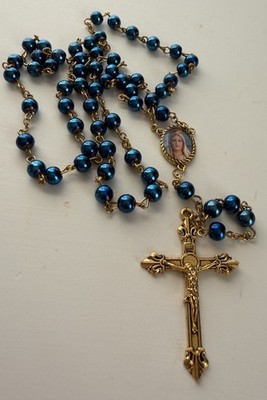 Mary Star of The Sea Blue Metal Gold  Tone Beaded Crucifix Rosary
