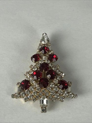 New ListingVintage EISENBERG ICE Gold Tone Red Rhinestones Christmas Tree Brooch Pin
