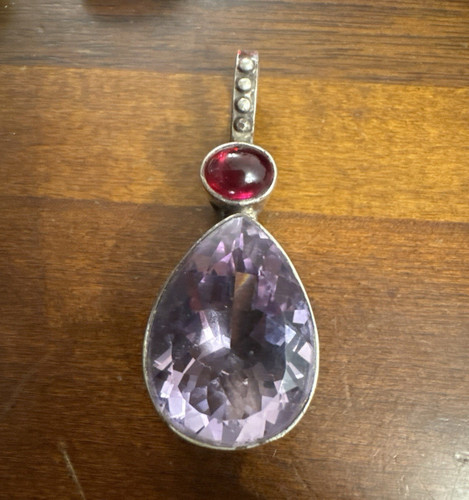 Dina Mackney Sterling Silver Signed Teardrop Pendant Amethyst Garnet Bezel