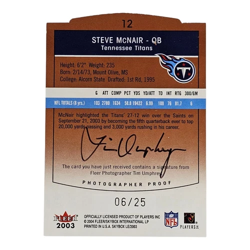 Skybox 2003 edición limitada LE Steve McNair #12 pruebas de fotógrafo SP #'d/25 - Imagen 2 de 3