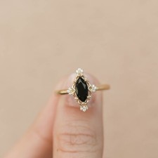 Marquise Black Onyx 14K Gold Ring Handmade Statement Bridal Band Gift Women
