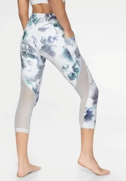 Athleta Leggings White Floral Mudra Capri Mesh High Rise Workout