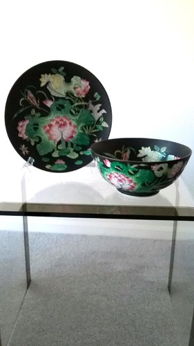 Juego de 2 tazón y plato asiático oriental asiático con flor de loto pintada a mano de Macao - Imagen 2 de 9