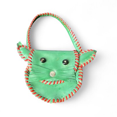 Vintage Rubber Green Cat Kitten Hand Coin Purse Bag Handmade