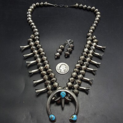 Old Style NAVAJO Sterling Silver TURQUOISE Squash Blossom