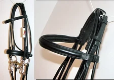 FSS German BLACK Padded ROLLED Comfort Crank Caveson Double Dressage Bridle Rein