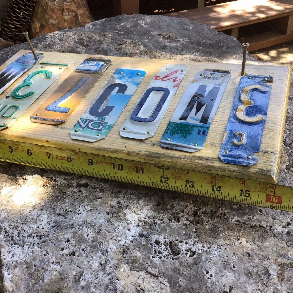 Handmade Salvage Bluestain Pine / Used License Plate Welcome Sign / Wall Art - Image 4 of 4