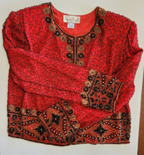 Vintage Laurence Kazar Womens XL Jacket Beaded Sequin Black Red Gold