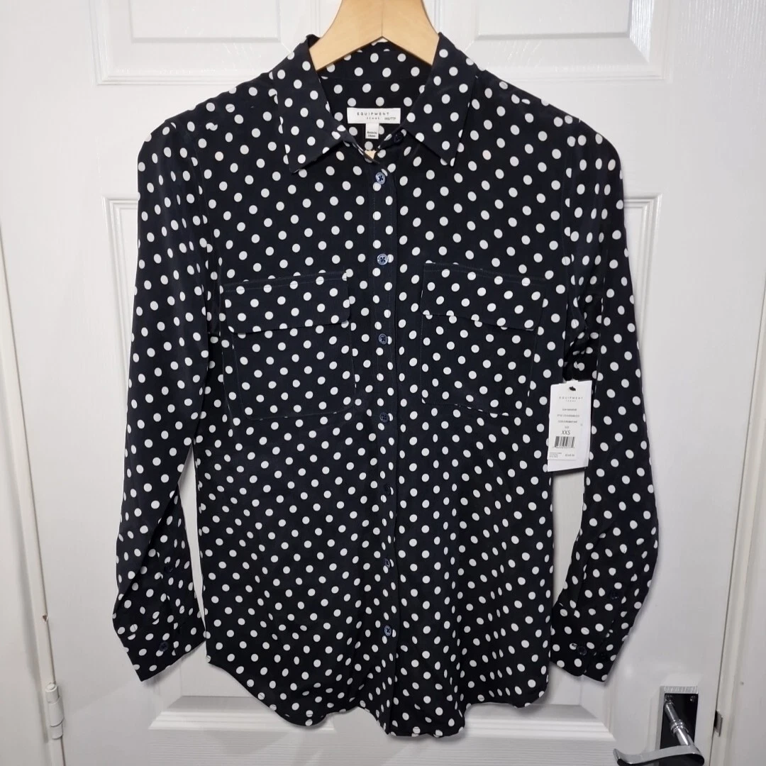 Equipment Shirt XXS UK 4 Black White Polka Dot Slim Signature 100% Silk BNWT